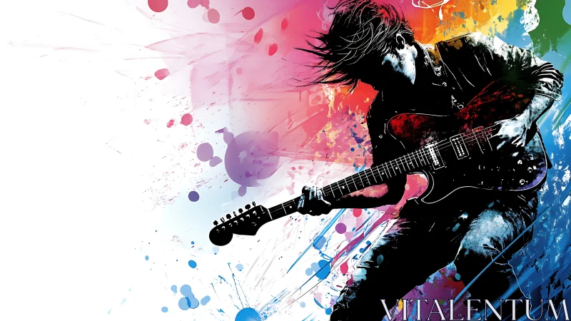 Chromatic vector guitarist in dynamic splatter motion field.