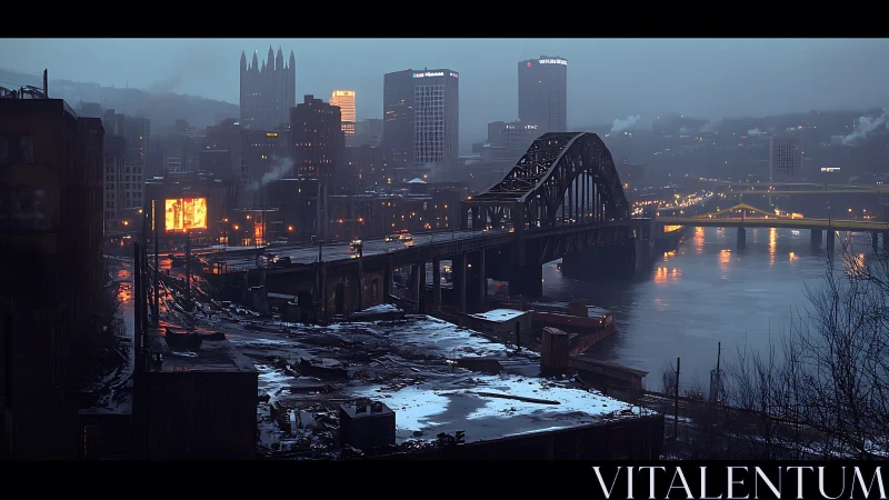 Winter dusk industrial river city bridge glows through fog