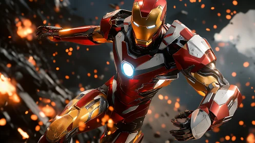 Armored humanoid figure advances through sparks in midair