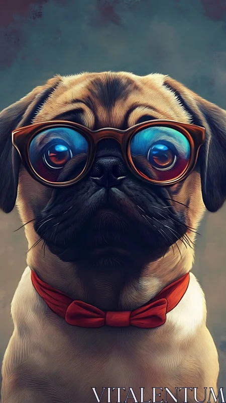Pug portrait wears oversized glasses and red bow tie.