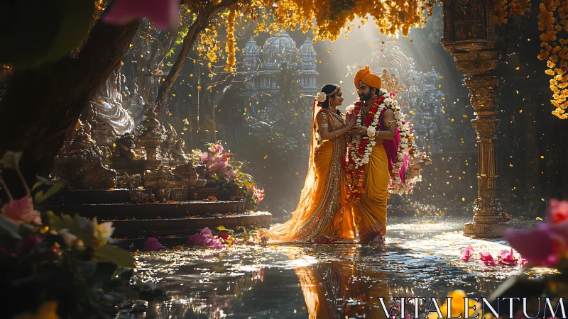 Golden temple wedding scene glows with gentle sacred light