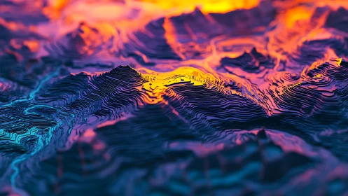 Layered abstract terrain with neon gradient illumination.