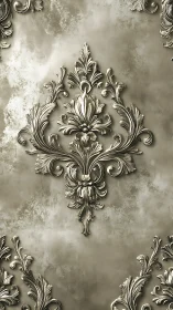 Baroque floral ornament pattern on textured metallic wall.