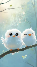 Two Fluffy White Owls Perched on Branch Together.