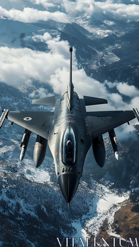 Stealth jet slicing snowy alpine clouds in frontal flight.