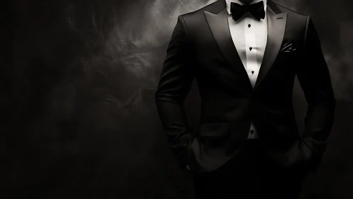 Formal black tuxedo portrait with dramatic low key lighting.