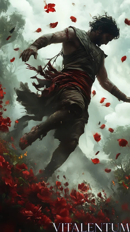 Warrior figure strides through red flower field in mist