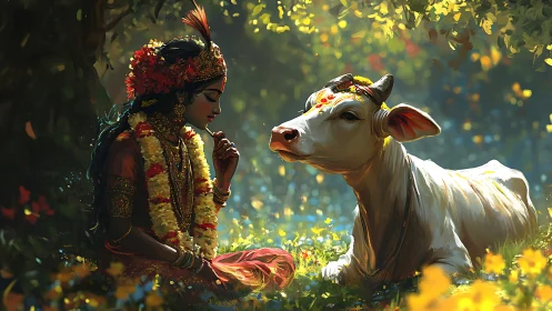 Traditional figure with cow in sunlit forest clearing scene.