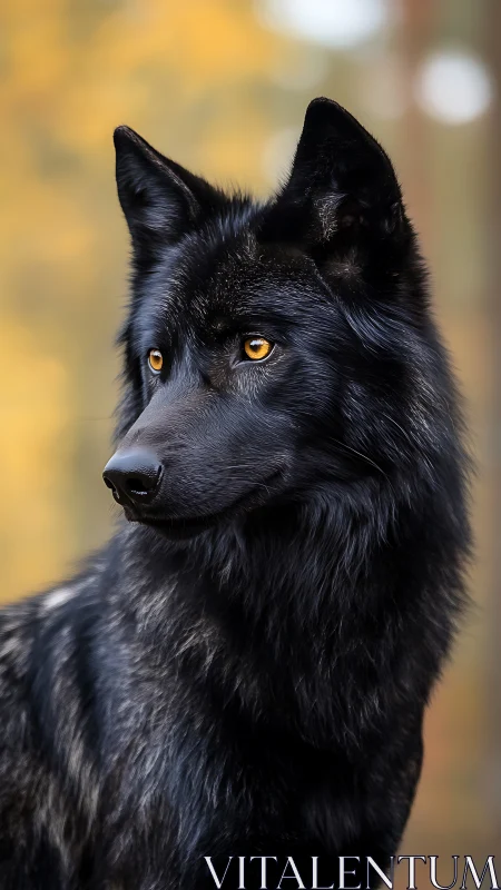 Black wolf portrait captures alert profile in soft autumn light