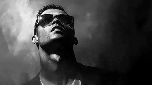 Shadowlit cool seeker gazes upward through grayscale haze.