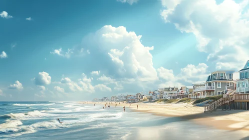 Coastal shoreline with beach houses under luminous clouds.