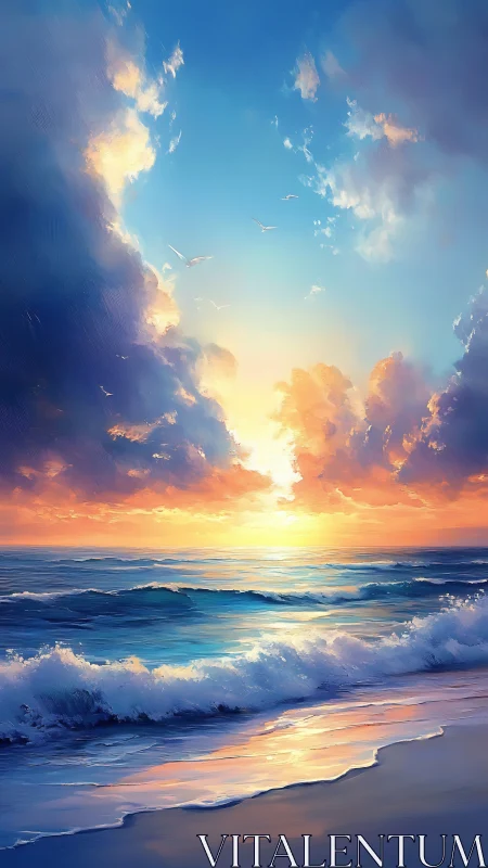 Sunlit clouds over calm ocean waves at sandy shoreline.