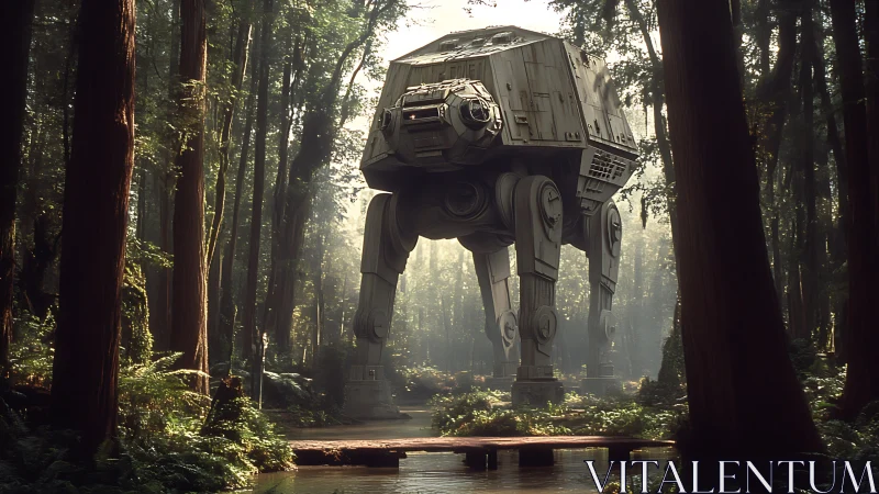 Forest colossus walker roaming through misty redwood hush.