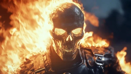 Incandescent flaming skull with reflective armor under dynamic lighting