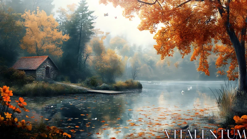 Mist-kissed autumn lake cradling a hidden stone refuge.