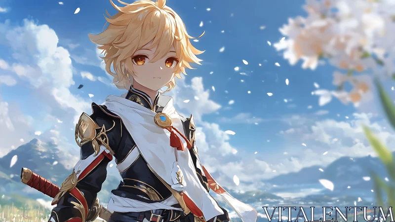 Windborne anime swordsman in luminous skyfield panorama.