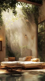 Sunlit jungle lounge merges indoor comfort with nature.
