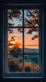 Twilight window mosaic catching ember clouds and quiet hills.