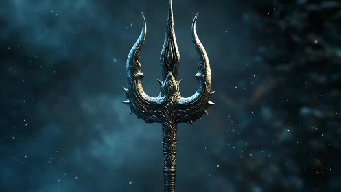 Mythic tri-pronged spear rendered in high-detail 3D metalwork.