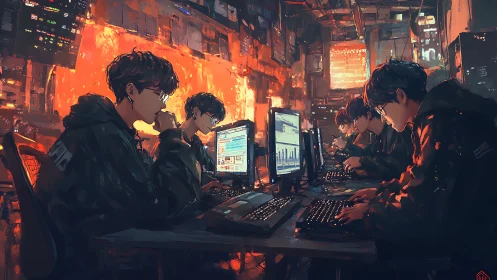 Focused gamers grind ranks in a neon-lit cyber café