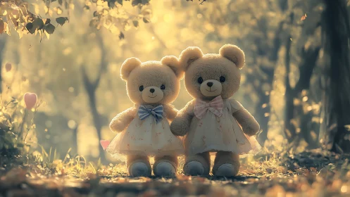 Two plush teddy bears stand in diffuse backlit forest scene