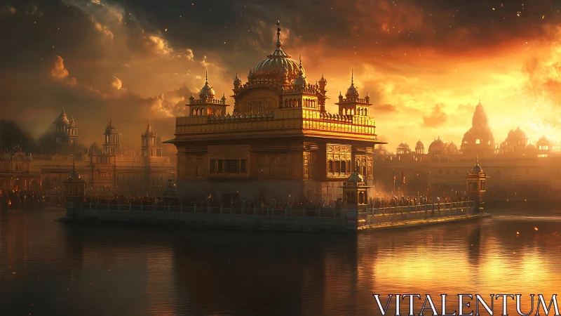 Golden temple on reflective water under intense sunset.