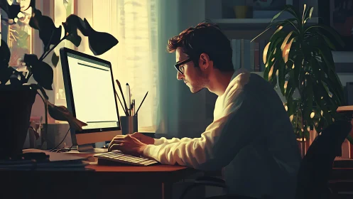 Focused man works at home computer in warm evening light