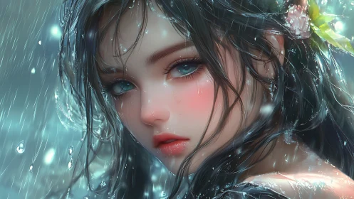 Hyperreal anime portrait of wet-haired girl under rainfall