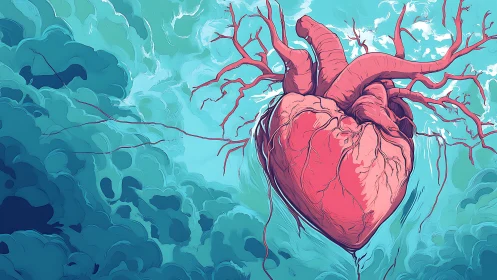 Red Heart with Vessels Against Turquoise Clouds