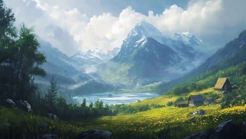 Sunlit alpine valley opens toward misty, snow-capped peaks