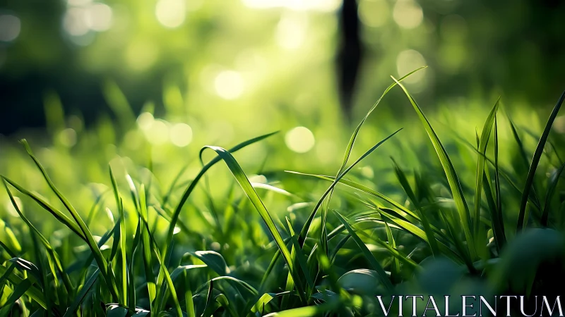 Morning light glows through dewy green grass blades