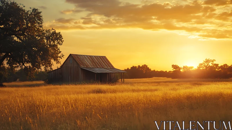 Sunlit barn hums quietly in a field of liquid gold