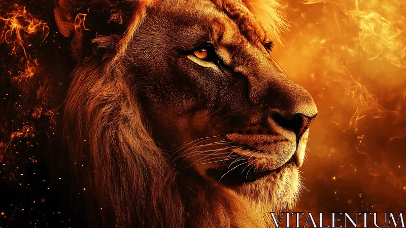 Majestic lion portrait framed by incandescent flames and embers.
