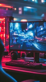 Nighttime gaming setup glows with neon city adventure