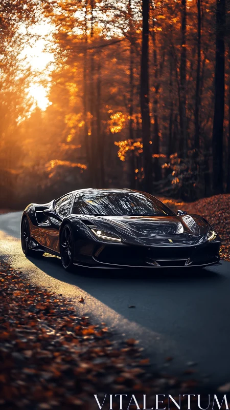 Aerodynamic supercar traversing autumnal forest roadway.