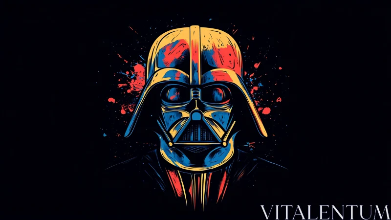 Color-splashed stylized helmeted figure on dark background.