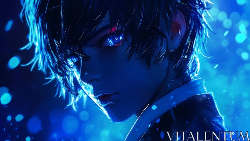 Blue-lit anime portrait of boy with glowing cybernetic eye