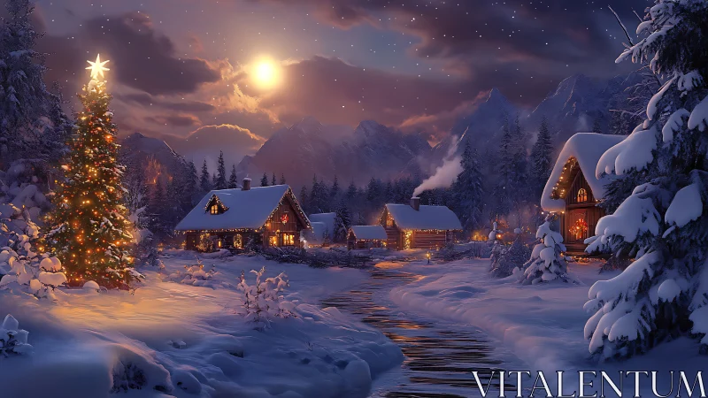 Moonlit cabin village wrapped in storybook Christmas hush.