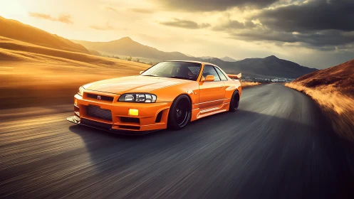 Orange sports coupe racing on mountain highway at sunset.