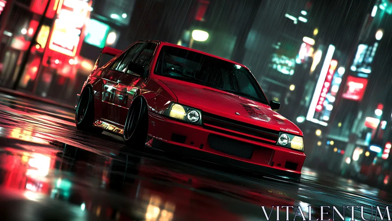 Red tuner car slides through neon city street at night