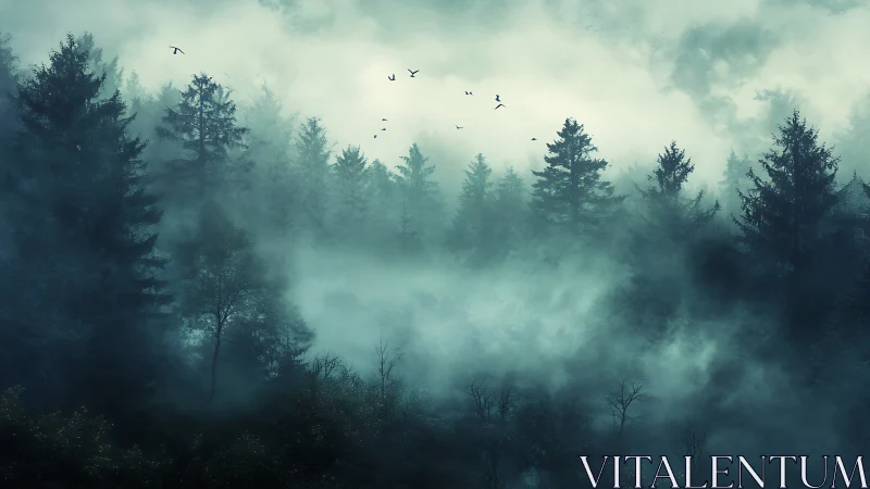 Soft mist drifting through a quiet evergreen forest at dawn.