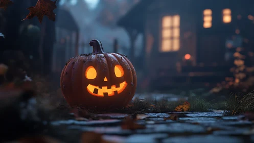 Illuminated carved pumpkin sits on damp path before house