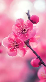 Vibrant Pink Cherry Blossoms on Dark Branch