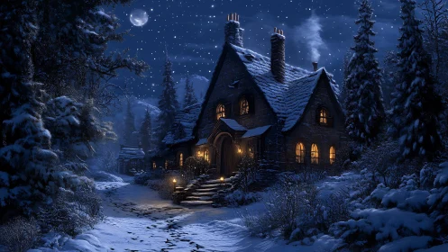 Snow-laden woodland cottage under starlit winter night sky