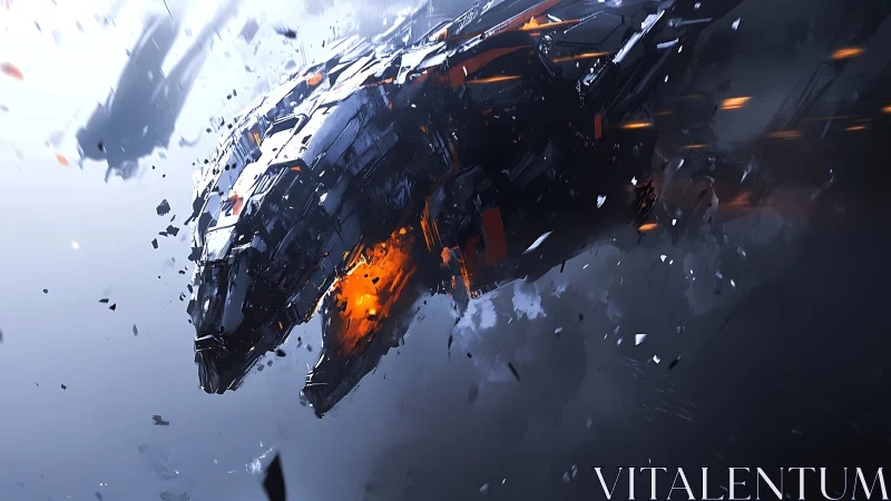 Futuristic mechanical beast emerging through debris.