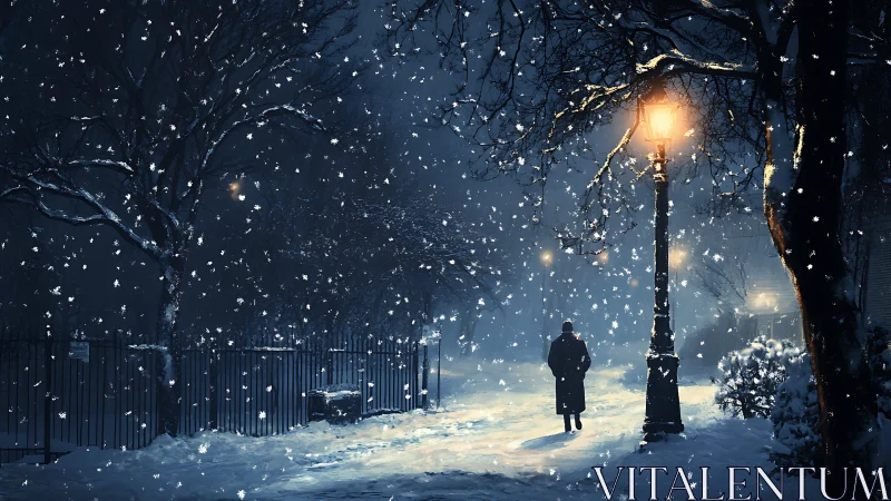 Solitary figure walks beneath glowing lamppost in snowy night