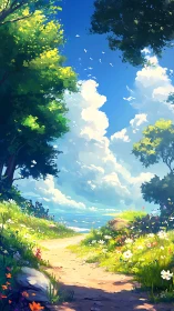 Coastal path through flowering meadow toward distant sea.