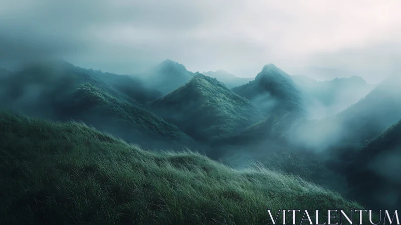 Layered misty ridgeline with dense grass textures and soft diffusion
