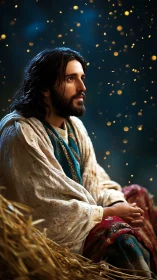 Contemplative robed figure gazes upward in glowing night