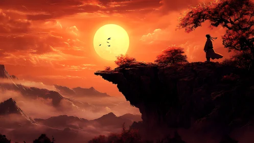 Lone wanderer gazes over fiery valley beneath colossal sun